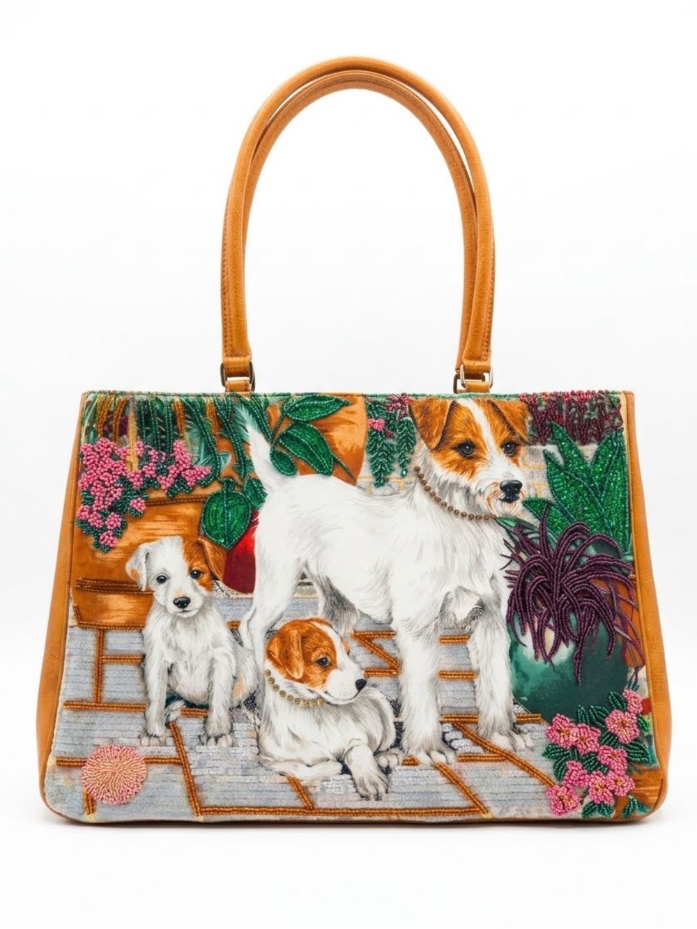 Vintage Isabella Fiore Beaded Jack Russell Terrier Tote Bag Y2K Rare